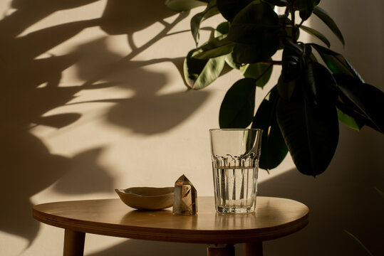 Table with glass of water with shadow of houseplant on the wall