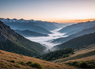 Obraz premium Scenic mountain landscape during sunrise with mist