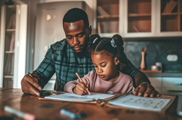 A photo of a father helping his daughter with homework, showcasing the bond between them in their home environment. Her expression shows concentration while doing math problems.