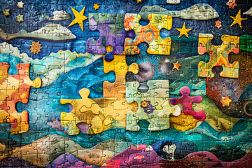 Obraz premium A colorful children's illustration depicting a group of happy kids standing on giant puzzle pieces in a vibrant, magical garden filled with flowers and butterflies.