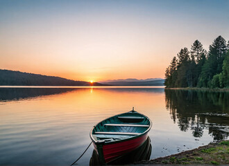 Sunrise over a serene lake with a rowboat