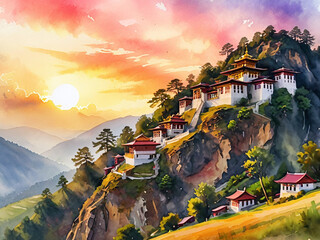 Sunset over a hillside Buddhist monastery in a digital watercolor painting