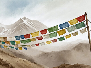 Tibetan prayer flags fluttering in the wind in a digital watercolor painting