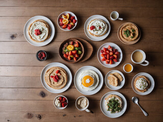 Top view of a rustic breakfast spread on a wooden table