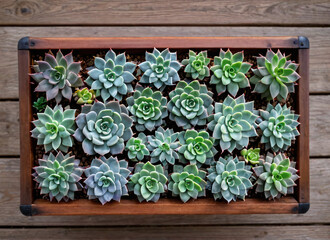 Top view of a succulent garden on a wooden table