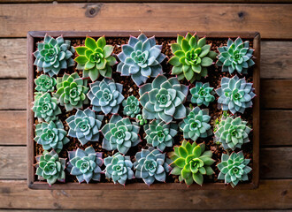 Top view of a succulent garden on a wooden table