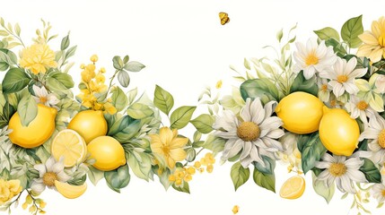 Watercolor border with lemons, flowers, and greenery.
