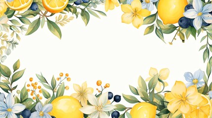 Watercolor lemon and flower border frame with copy space.