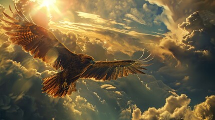Eagle soaring through golden clouds at sunset for inspirational or spiritual designs