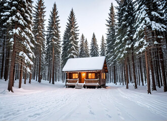 Winter scene with a snow-covered forest and a wooden cabin