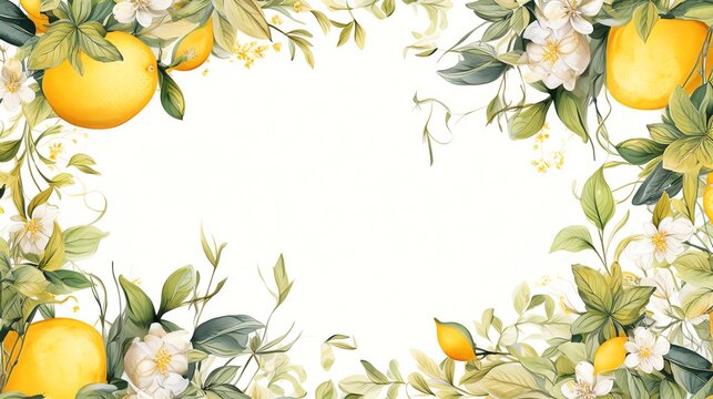 Watercolor lemon blossom border frame with blank copy space.