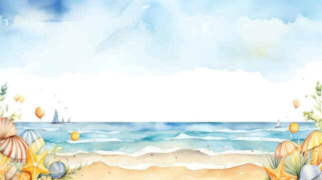 Watercolor painting of a seascape with seashells and flowers, perfect for summer or beach themed projects.