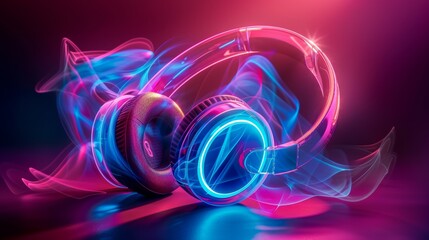 Futuristic neon headphones with glowing light trails on a dark background, representing technology and modern music culture.
