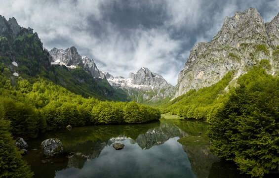 Panorama of mountain range in the valley in Montenegrin mountains