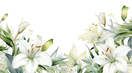 Watercolor border of white lilies and greenery, perfect for wedding invitations or floral designs.