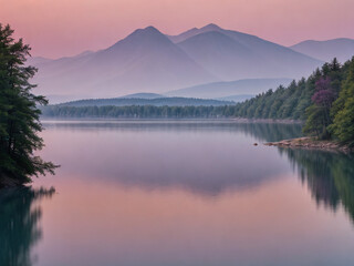 A depiction of a lake at the break of summer dawn, bathed in shades of lilac and purple