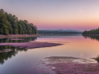 A depiction of a lake at the break of summer dawn, bathed in shades of lilac and purple