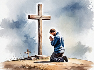 A man kneels and prays before a cross in a digital watercolor painting