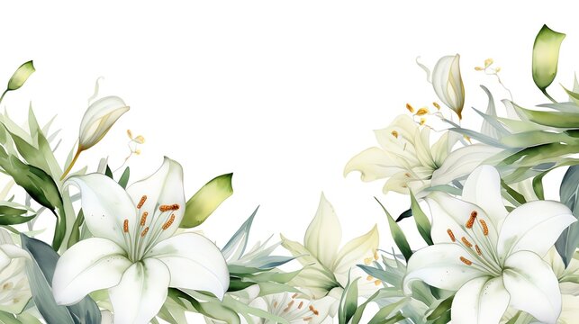 Watercolor border of white lilies and greenery, perfect for wedding invitations or floral designs.