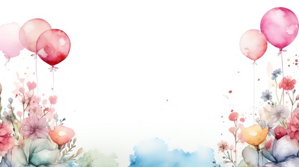 Watercolor floral border with pink balloons for birthday or celebration design.