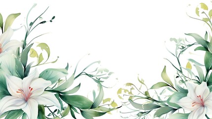 Elegant watercolor floral border with white lilies and green leaves on a white background.