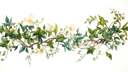 Watercolor painting of a delicate vine with white flowers and green leaves.