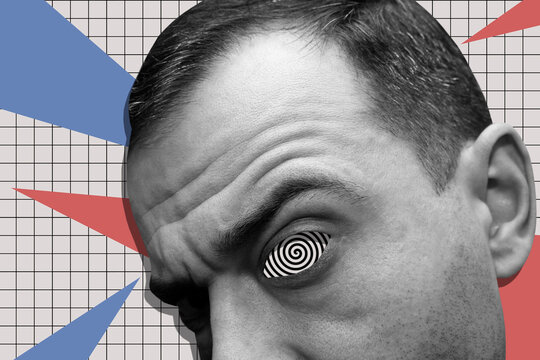Collage with a face of a man with spiral in eye