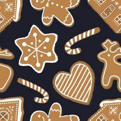 Christmas Pattern. Seamless Print with Gingerbread Cookies. Gingerbread houses, deer, heart, Gingerbread Man, star. Cute Background. Template. Vector illustration on dark blue background