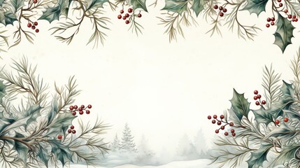Watercolor winter border with holly and pine branches.