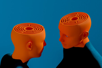 Human heads showcasing intricate maze design