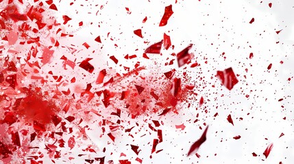 Glistening ruby paint splatters scattered across a backdrop of pure white, reflecting light and creating a mesmerizing visual effect