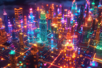 Obraz premium Futuristic cityscape with an abstract background With neon lines connecting the points.