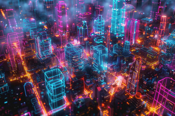 Futuristic cityscape with an abstract background With neon lines connecting the points.