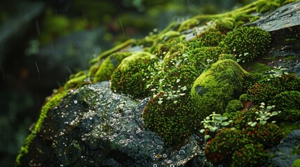 A close-up shot of a moss-covered rock in the rainforest, its surface glistening with raindrops and revealing the intricate patterns of the moss and lichen growing thereon.