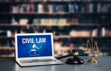 Civil law savvy information showing on laptop computer screen for Common Justice Legal Regulation Rights Concept