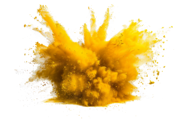 Yellow color powder explosion splash with freeze isolated on background, abstract splatter of colored dust powder.