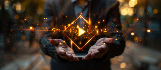 A man is holding a small square object in his hands, which appears to be a video game controller. Concept of excitement and anticipation, as if the man is about to start playing a game