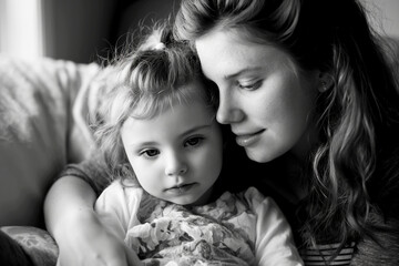 A touching black-and-white portrait of a mother embracing her young daughter at home.