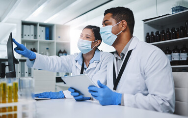 People, science and discussion with tablet in laboratory, research for immunology development with...