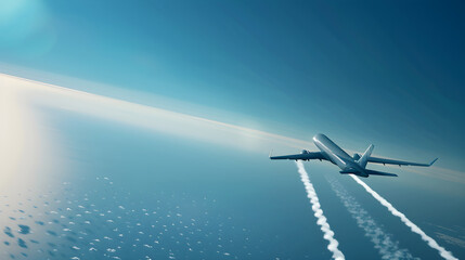 Aerial View of Modern Passenger Aircraft Soaring Through Clear Blue Sky with Contrails