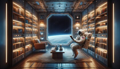 Astronaut reading book in floating space station library