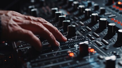 A close-up shot of an equalizer's knobs and sliders being adjusted, with the user's hand visible in the frame.