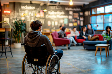 Obraz premium A man in a wheelchair attending a group meeting in a modern setting.