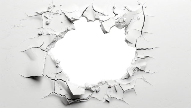 Hole breaking through white wall, cut out