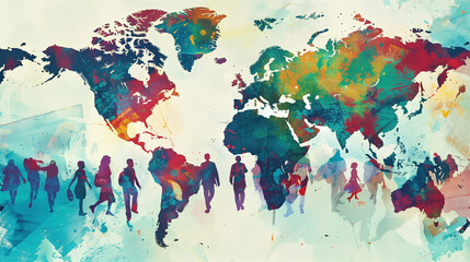 A dynamic depiction of migration patterns and movements between continents, illustrating the diverse causes and experiences of people seeking better life opportunities.
