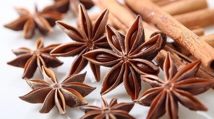 Close-up photo of star anise and cinnamon sticks, showcasing the intricate details and textures of these aromatic spices.