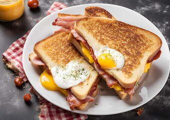 French toast sandwich with ham, bacon, cheese, and egg, isolated on a white background.
