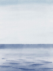 Sea landscape watercolor background. Illustration of cloudy sky and marine with little waves. Tranquil Seascape with ocean in blue colors. Vertical backdrop for poster. Drawing with horizon.