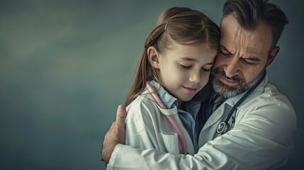 Fototapeta premium A compassionate doctor gently comforting a young patient, offering reassurance and empathy, capturing the essence of patient-centered care.
