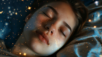 A imagem em close da mulher humana caucasiana que se deita para dormir no mar do espaço galáctico que funciona como um travesseiro que parece fofo e macio no céu brilhante de um universo